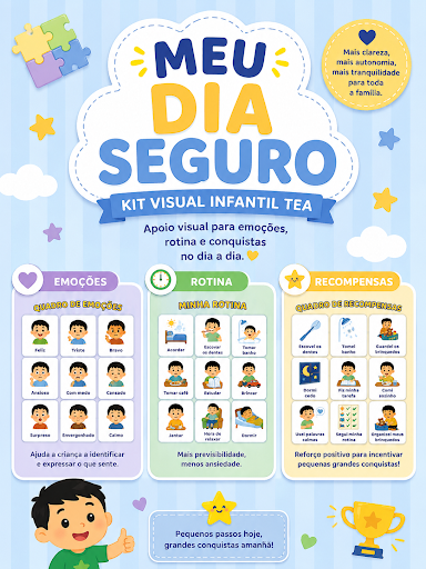 Meu Dia Seguro - Kit Visual Infantil TEA com cartões de emoções, rotina visual e sistema de recompensas